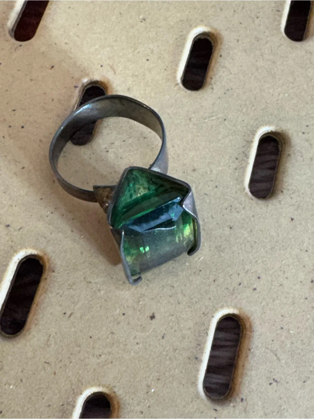 vintage Emerald Green crystal sterling silver ring adjustable statement cocktail